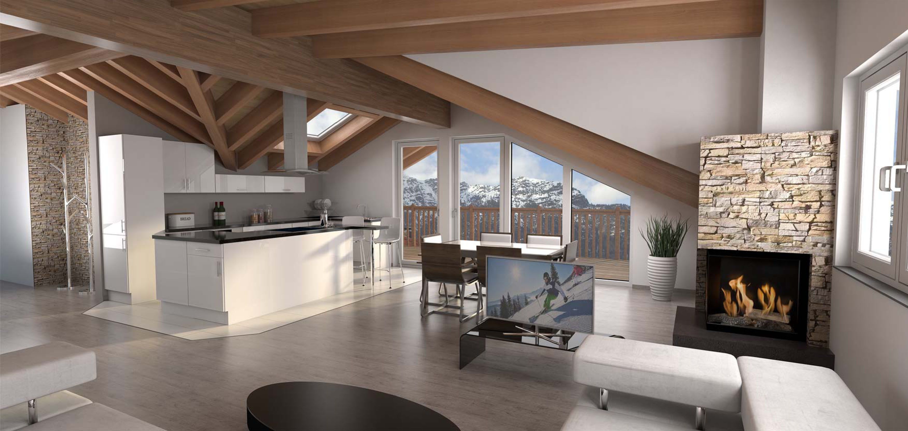 Photo of an attic apartment with alpine views, wood-burning stove and wooden beams